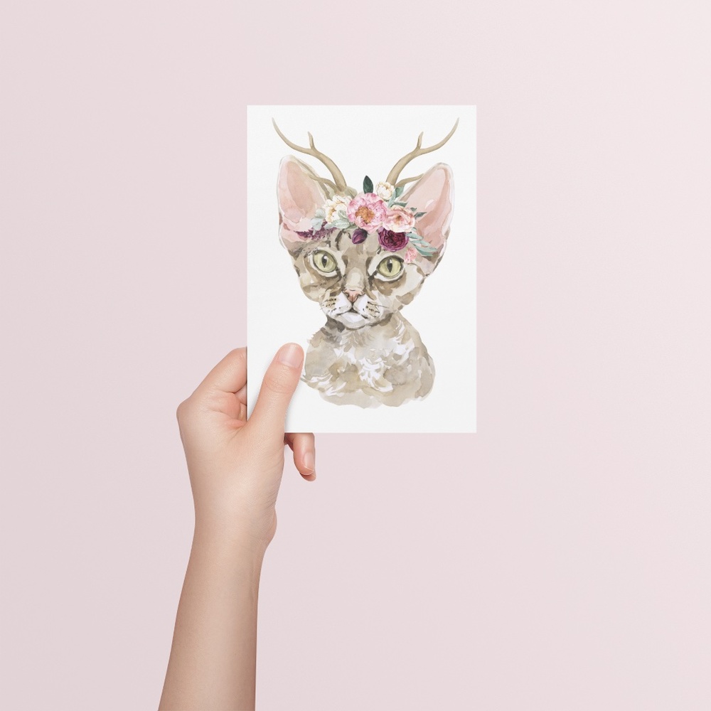 Watercolor Floral Devon Rex Cat Wall Art Illustration Print Poster Card Unframed - Picture 5 of 7